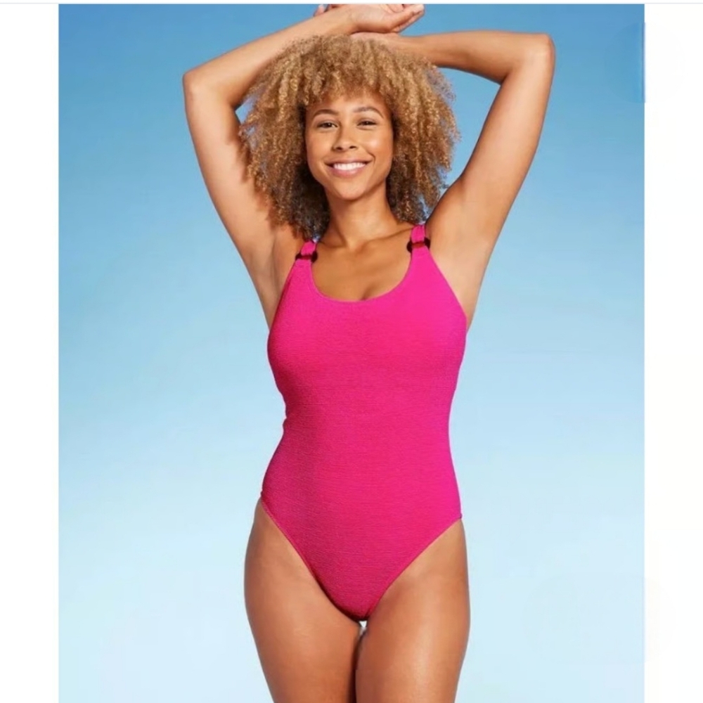 Shade & Shore Square Neck Pucker Textured High Leg One Piece Swimsuit